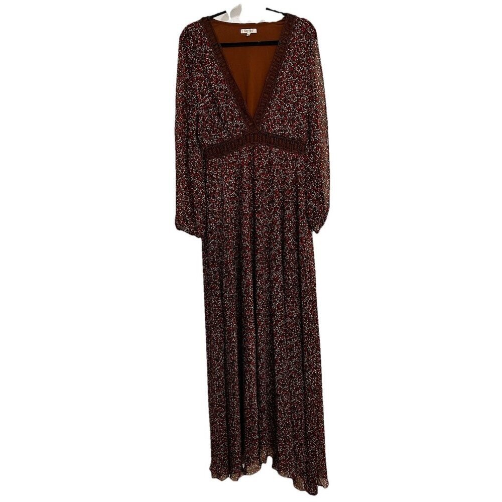 Lucy Paris Brown Ditzy Floral Long Maxi Dress Size L /42 Prairie Cottagecore